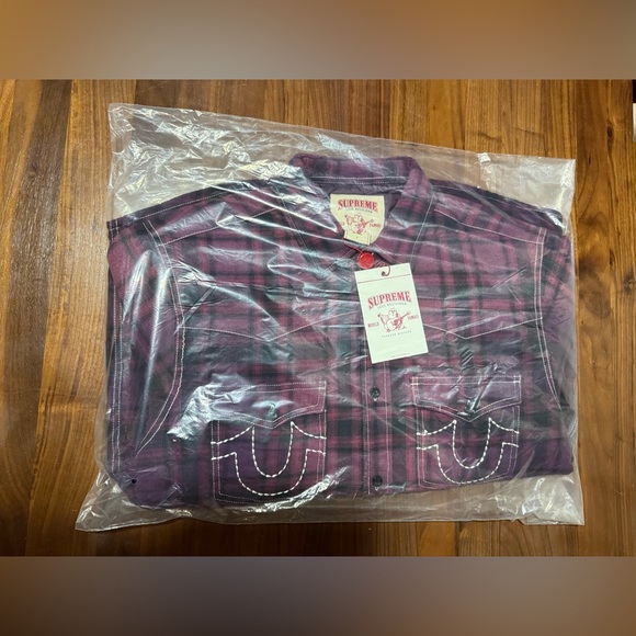 SUPREME®/TRUE RELIGION® QUILTED LINED PLAID FLANNEL SHIRT PURPLE SIZE LARGE SS25 - Picture 6 of 7